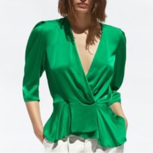 Zara Tops - Zara Blogger Favorite Green Satin V-neck Blouse NWT